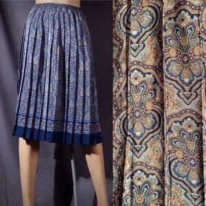 Vintage 80s Skirt 1980s Paisley Blue Pleated Boho Midi Retro Size Large